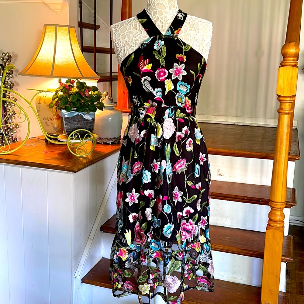 Cynthia Rowley black floral embroidered midi dress